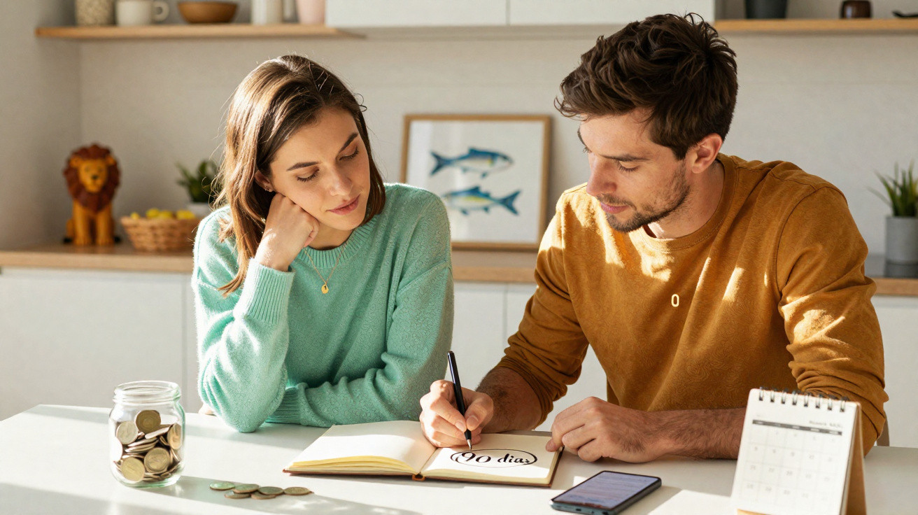 Casal a planear finanças em casa, com caderno, moedas, telemóvel e calendário sobre a mesa.