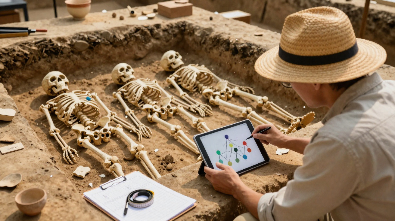 Arqueólogo a analisar três esqueletos humanos numa escavação arqueológica com tablet e material de campo.