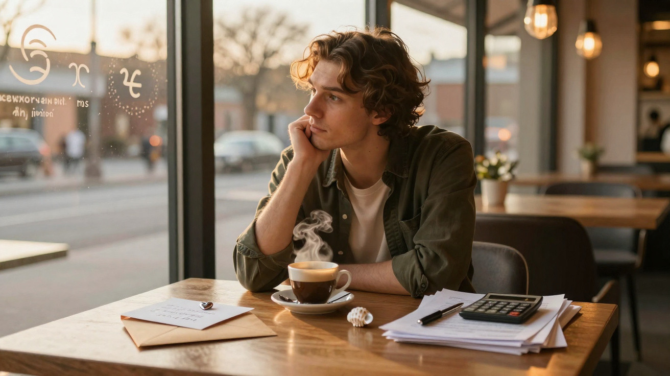 Homem jovem sentado numa cafetaria com chávena de café quente, papéis, calculadora e cartas numa mesa.
