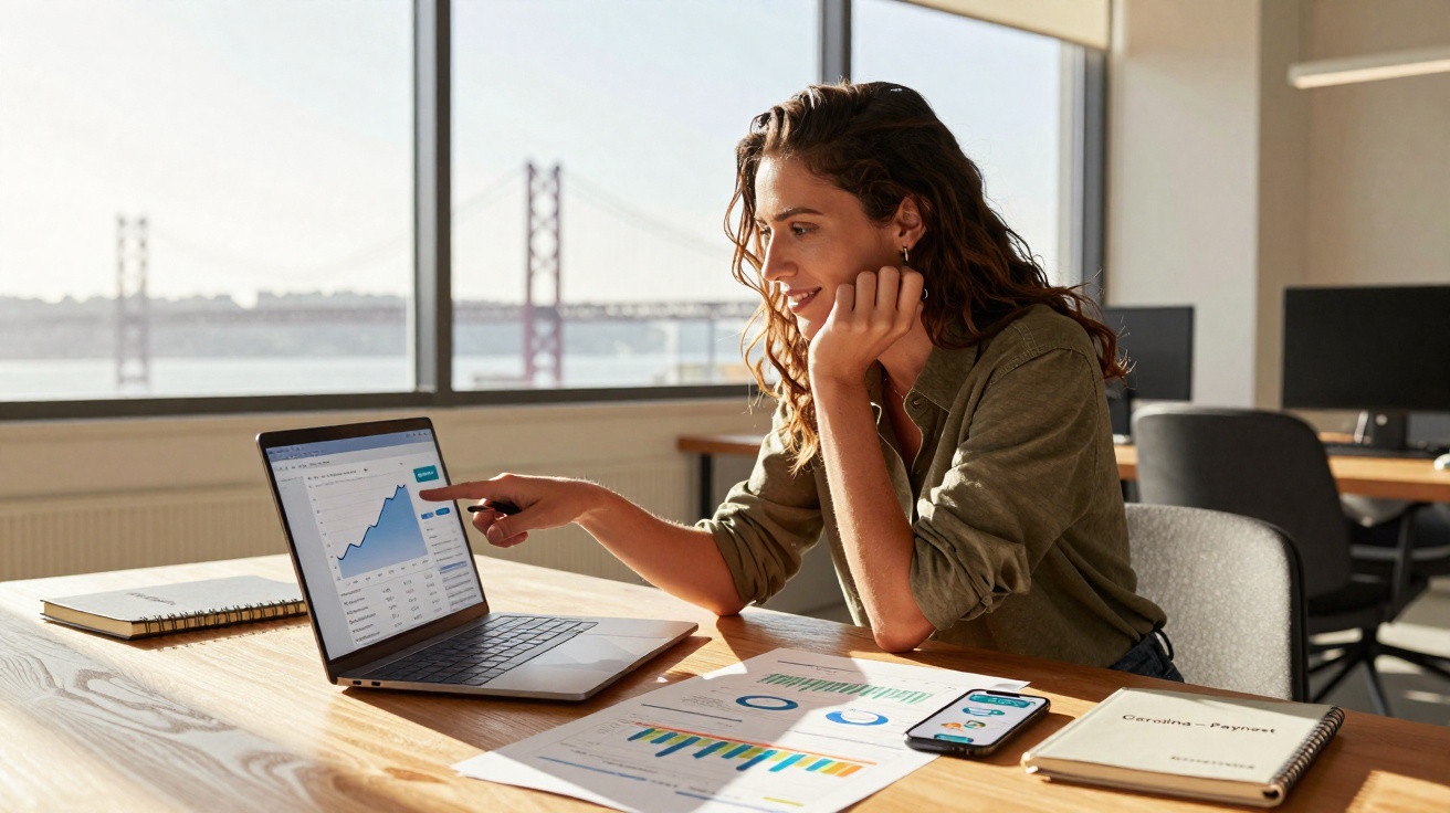 Mulher a analisar gráficos financeiros num portátil num escritório luminoso com vista para uma ponte.