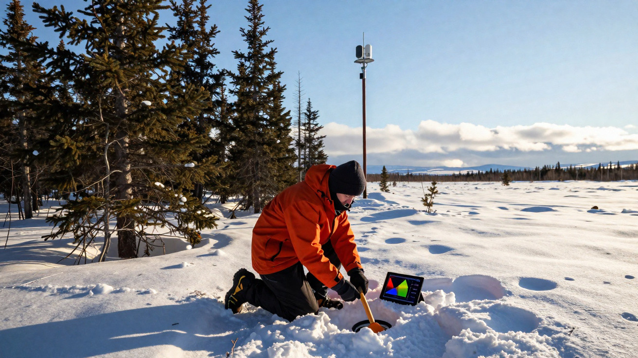 Pessoa com casaco laranja escavando neve em paisagem nevada com árvores e tablet ao lado.