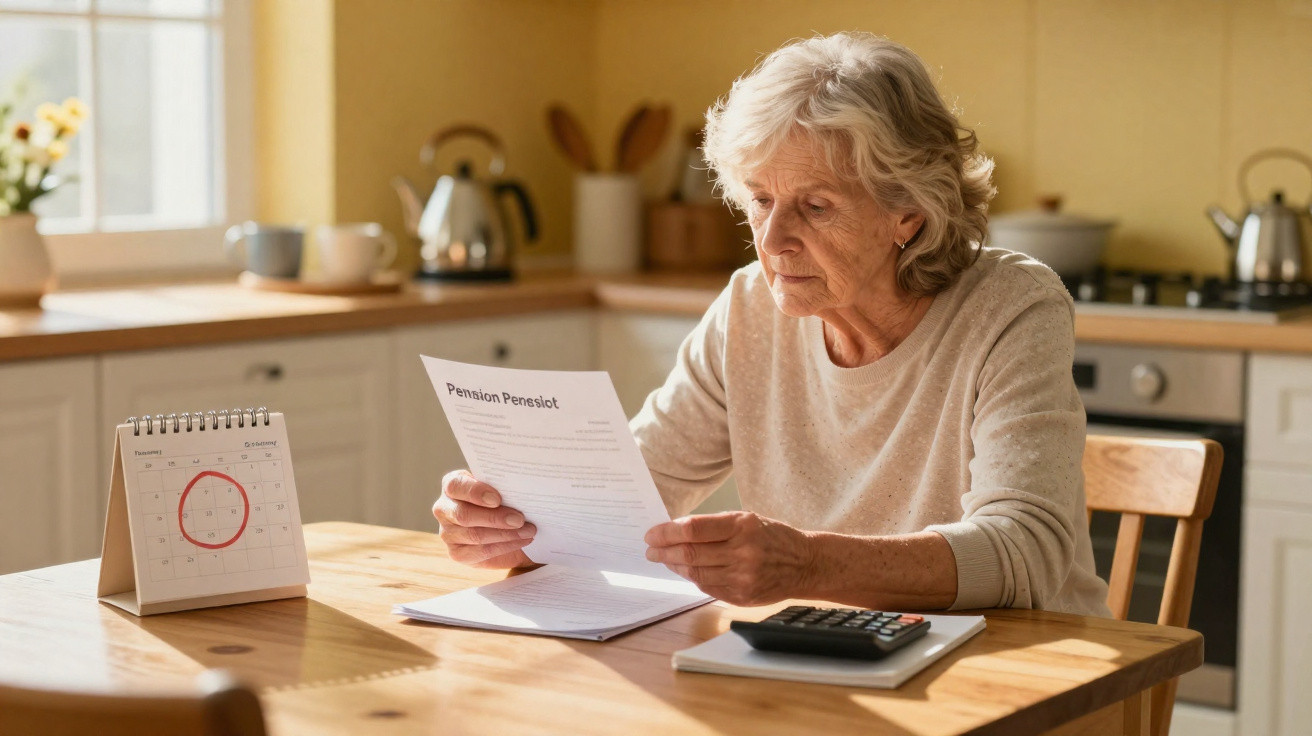 Idosa sentada à mesa na cozinha a ler documento sobre pensão, com calendário e calculadora à sua frente.