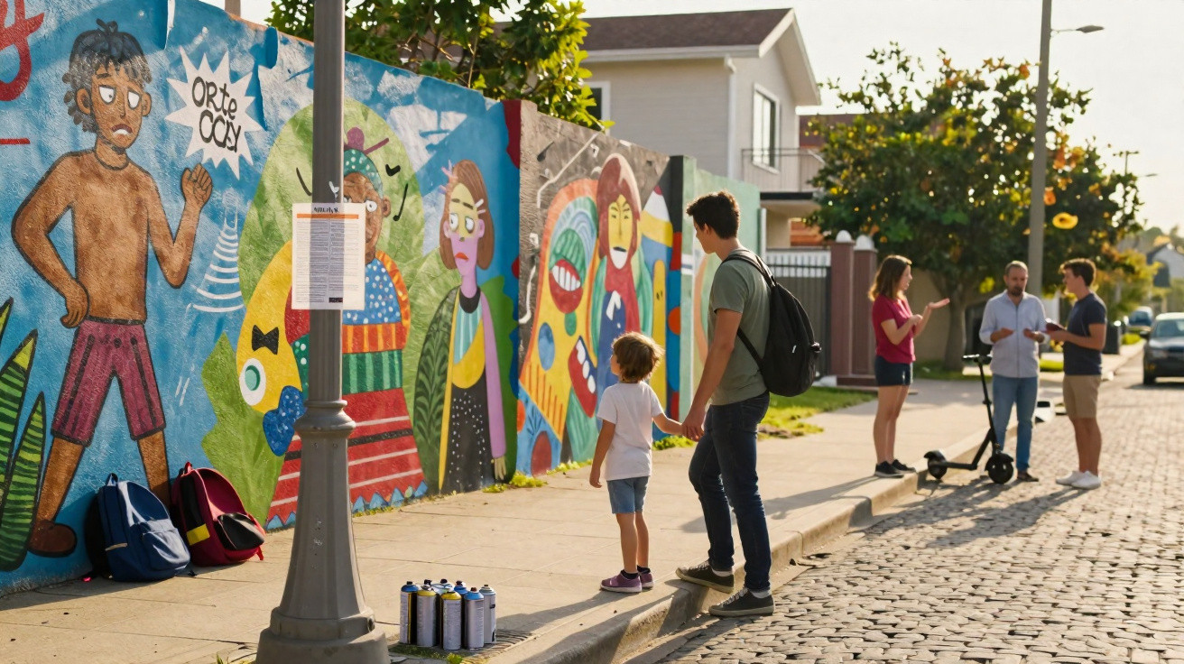 Homem e criança observam mural colorido de arte urbana numa rua com calçada de pedra ao pôr do sol.