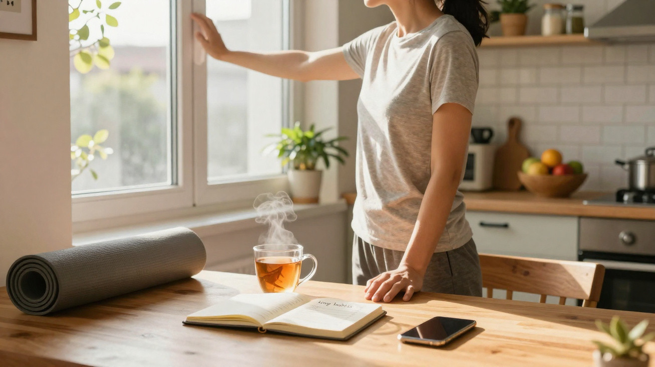 Mulher abre janela numa cozinha luminosa com chá quente, livro, telemóvel e tapete de yoga na mesa.