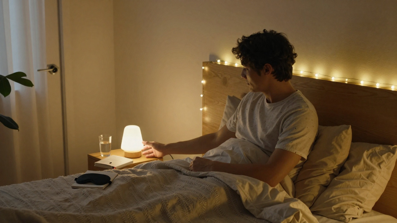 Homem sentado na cama a desligar candeeiro numa noite iluminada por luzes decorativas.