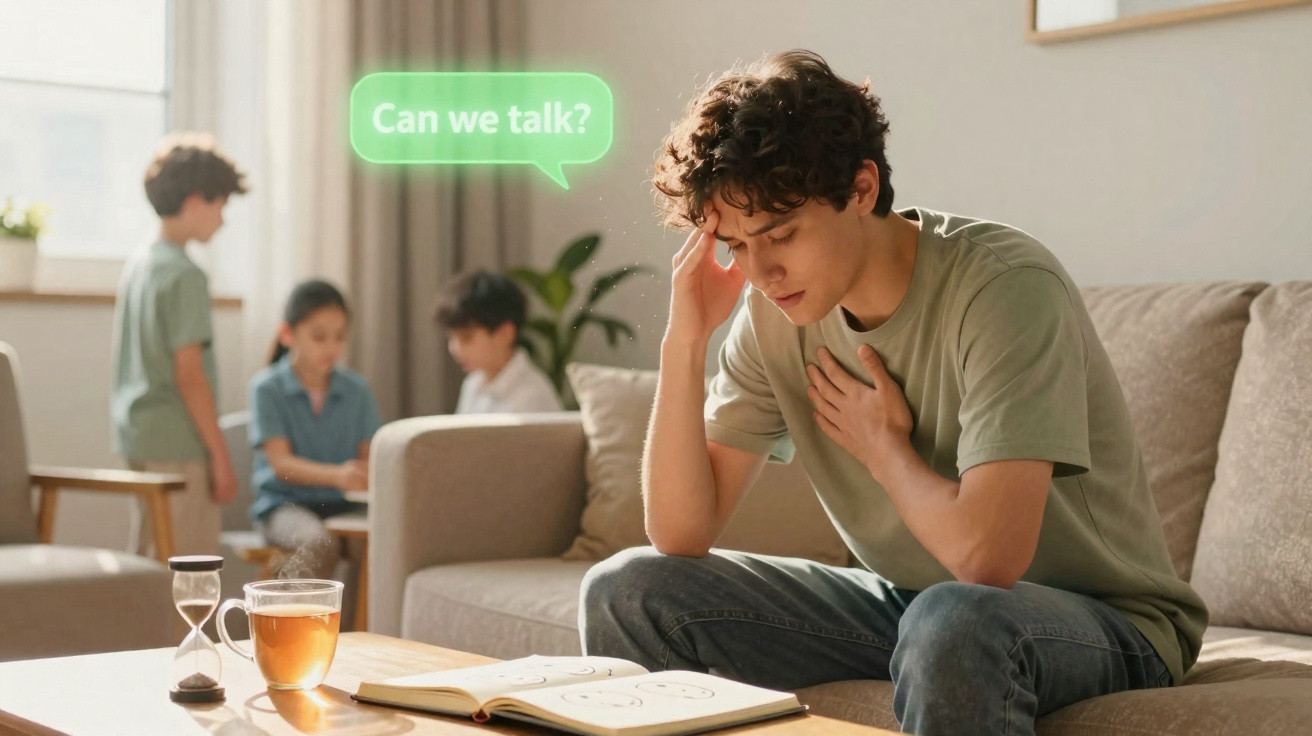 Jovem com expressão preocupada sentado no sofá, com três crianças ao fundo e pensamento "Can we talk?".