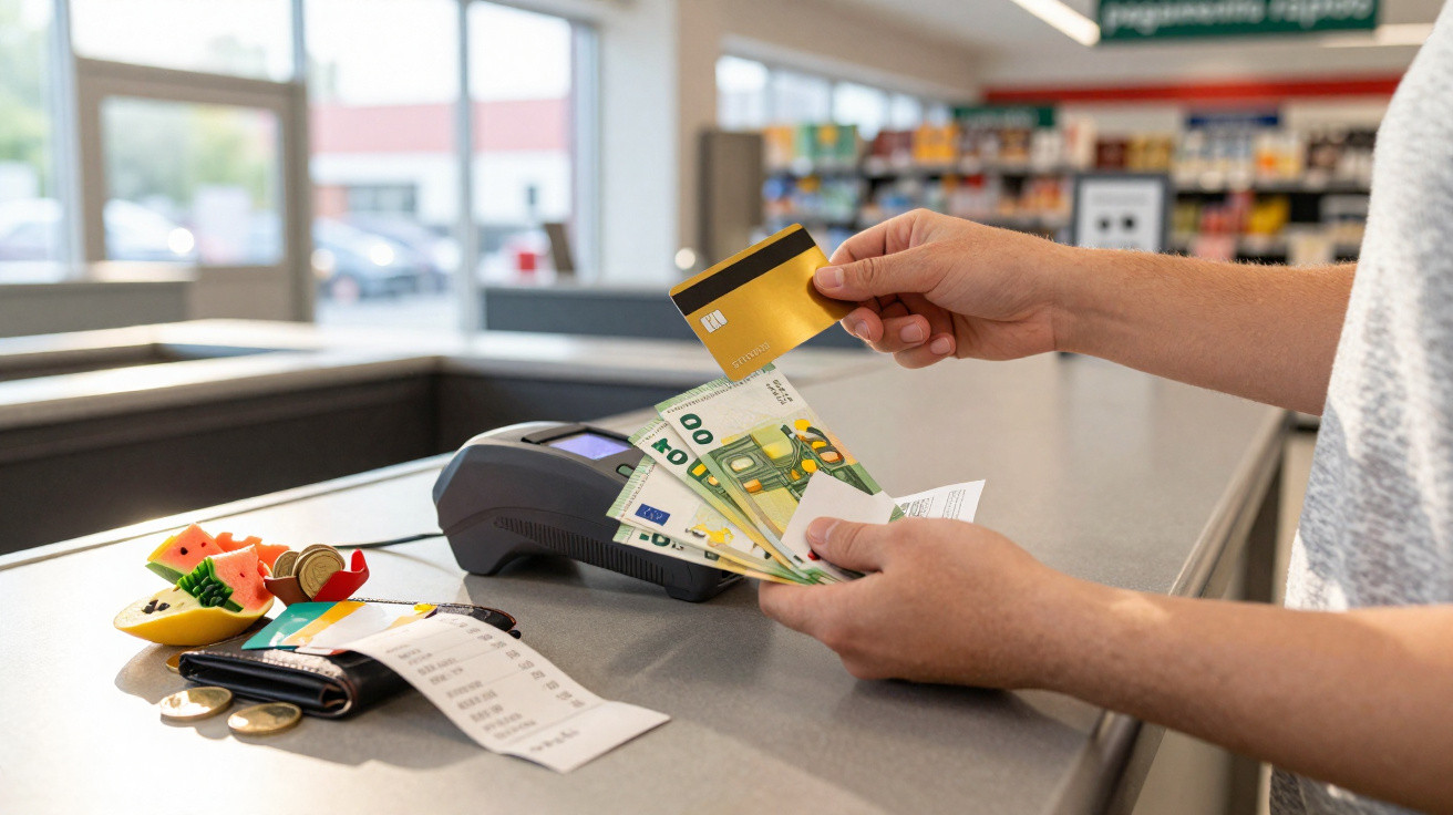 Pessoa a pagar num terminal com cartão e a segurar várias notas de euros numa loja.