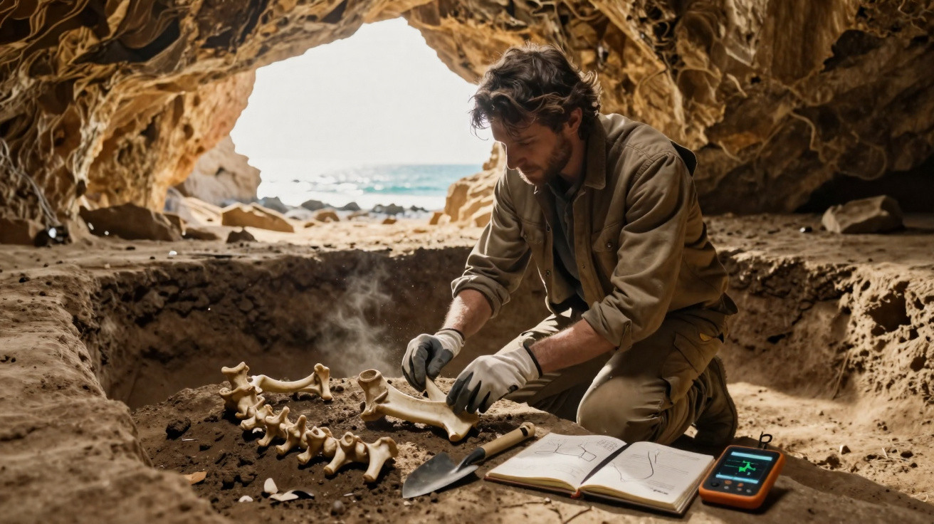 Homem escavando e examinando ossos pré-históricos numa caverna junto ao mar.