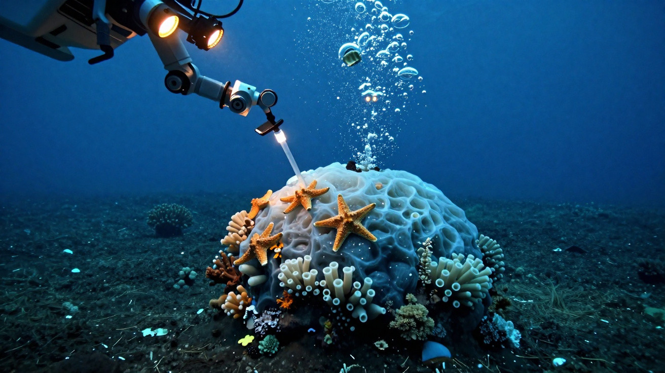 Robô submarino com luz e ferramenta investiga coral com estrelas-do-mar no fundo do oceano.