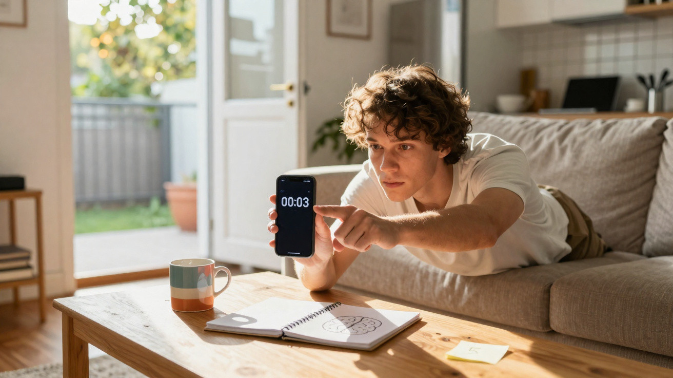 Jovem deitado no sofá a usar um cronómetro num smartphone, com caderno e chávenas numa mesa de madeira.