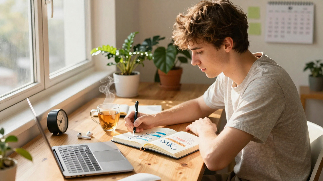 Jovem a desenhar gráfico num caderno, sentado numa secretária com computador, chá e plantas perto da janela.