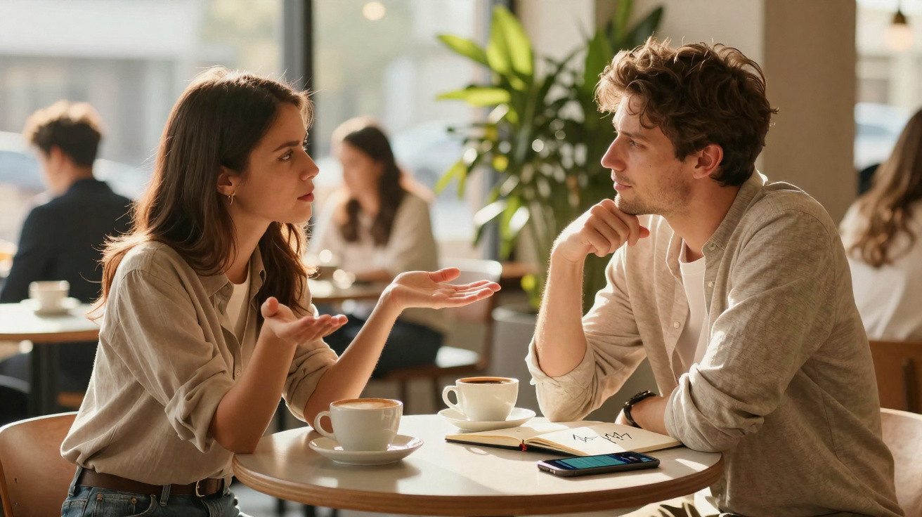 Casal jovem conversa animadamente num café, com duas chávenas de café sobre a mesa redonda.