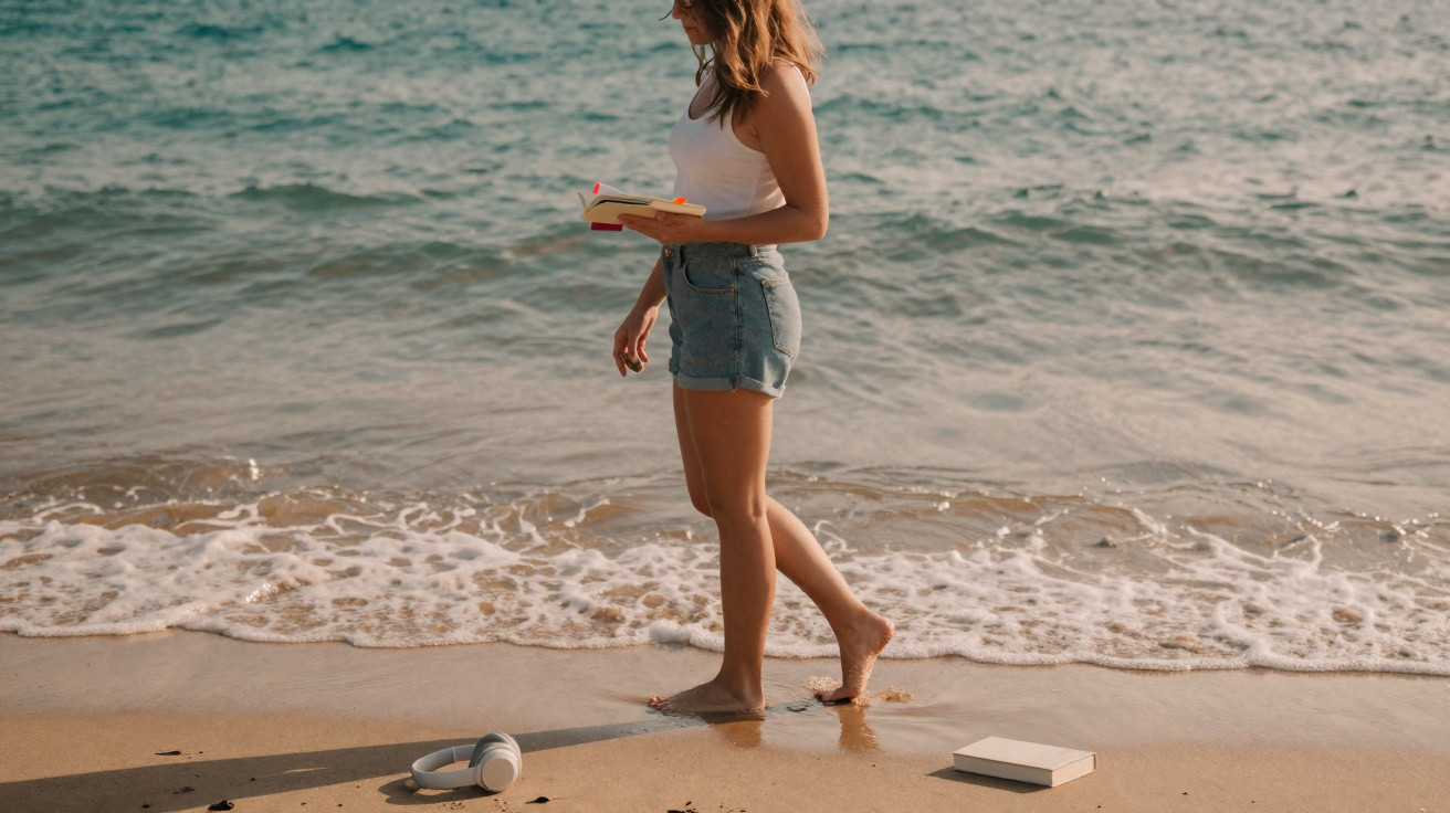 Mulher de pé na praia com shorts e camisola branca, segurando um livro, com auscultadores e outro livro na areia.