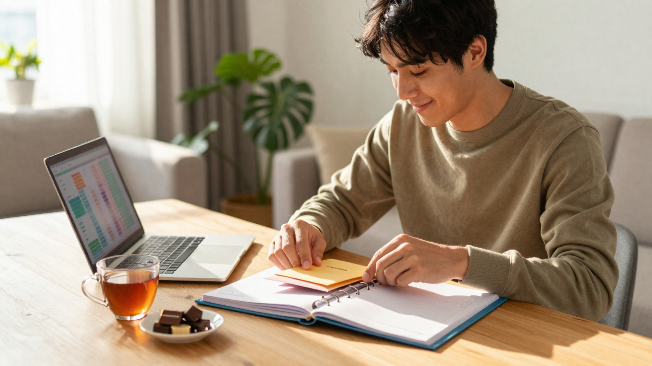 Jovem a organizar notas num caderno ao lado de um computador portátil, chá e chocolates numa mesa de madeira.