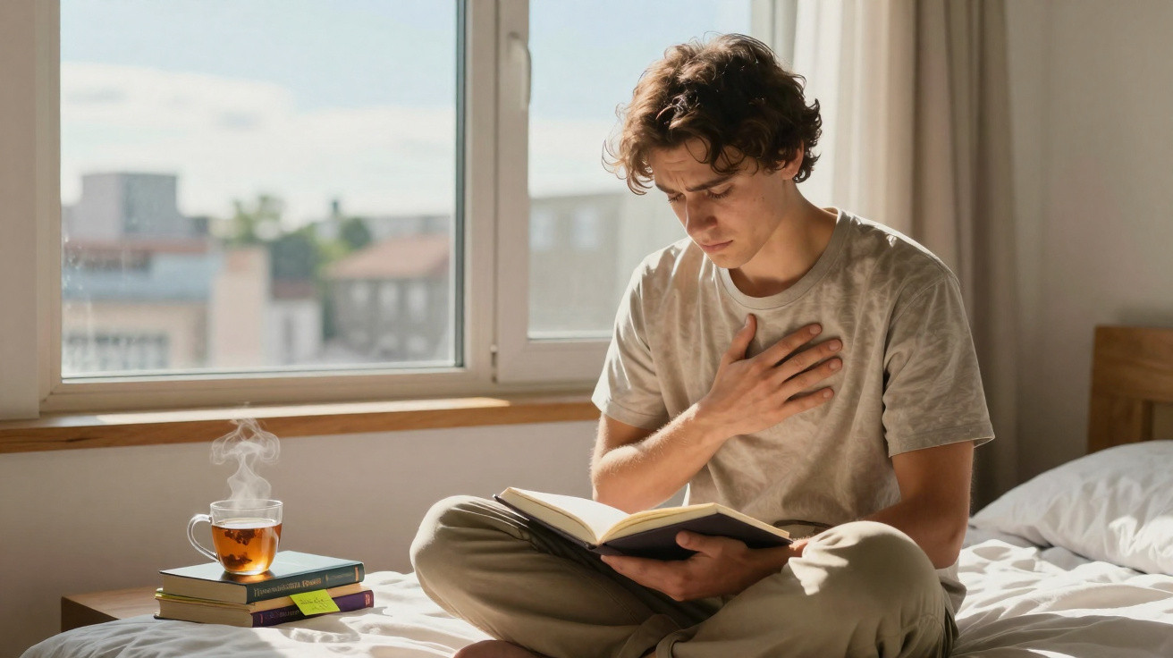 Jovem sentado na cama, lendo um livro e segurando o peito, com chá quente numa mesa ao lado.