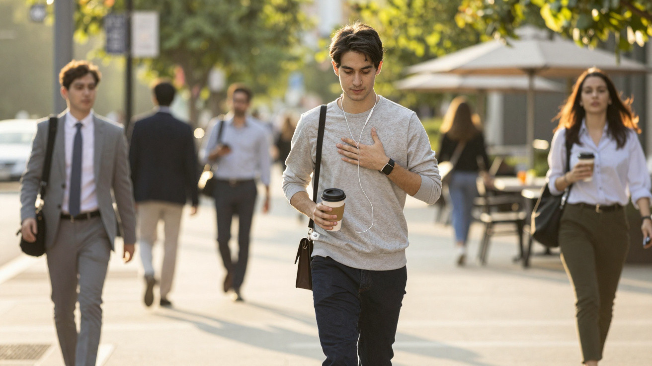 Jovem com auriculares e café a caminho, rodeado de pessoas a andar na rua numa manhã de sol.