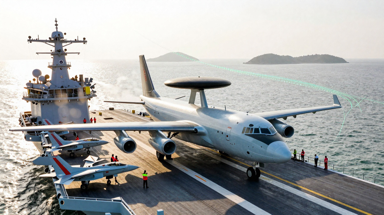 Porta-aviões com dois aviões militares estacionados no convés, pessoas com coletes de segurança a bordo.