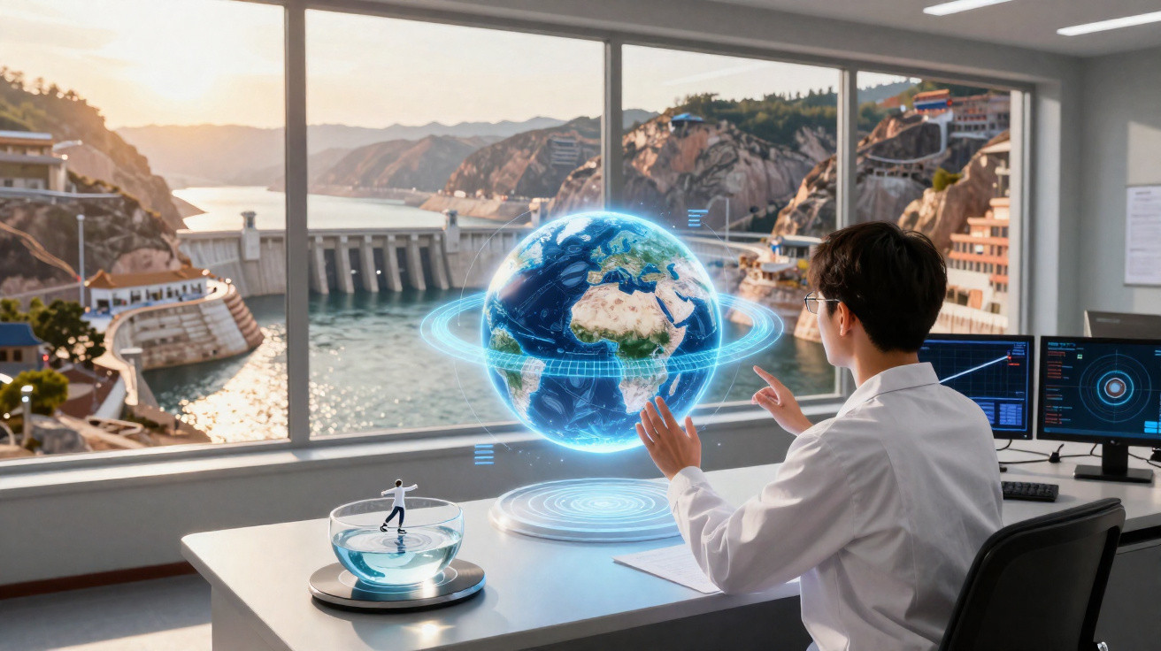 Pessoa em laboratório interage com holograma do planeta Terra, com vista para barragem e montanhas ao fundo.