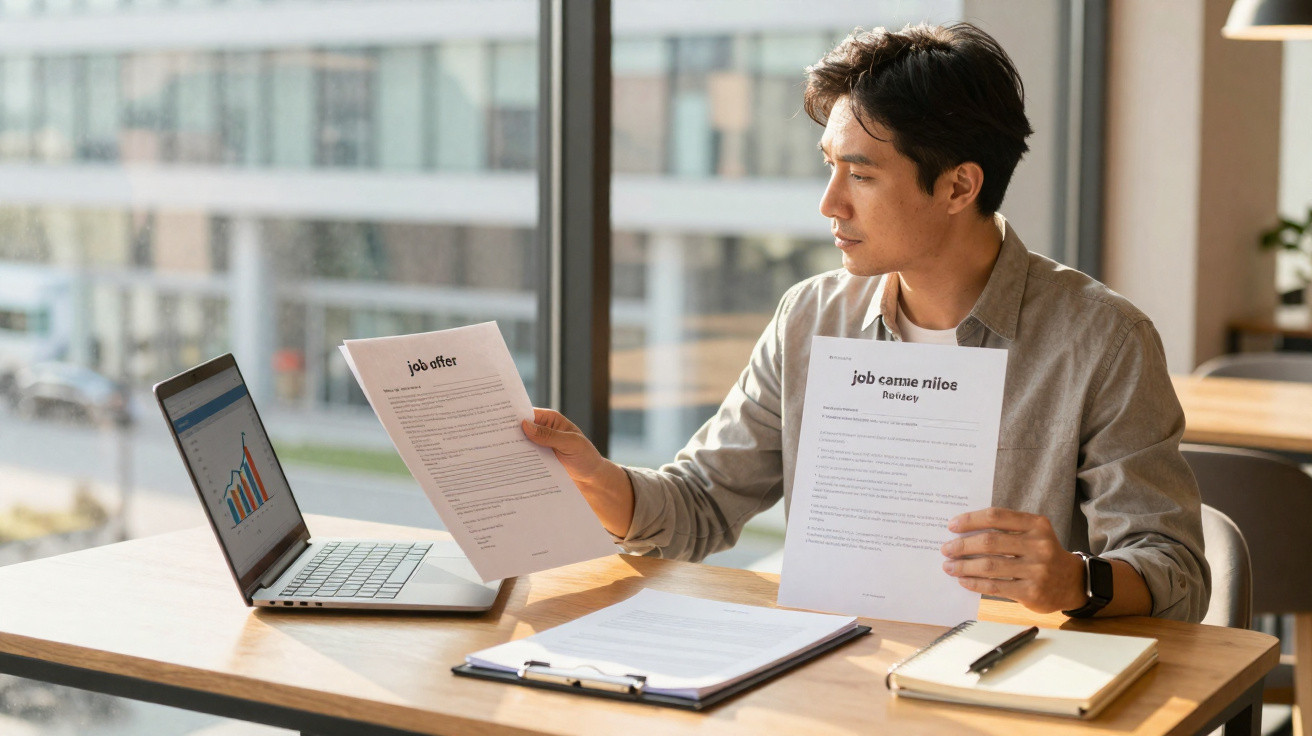 Homem a analisar ofertas de emprego em papel sentado à mesa com computador portátil aberto numa gráfica.