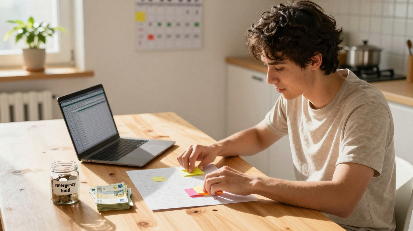 Jovem a planear finanças em calendário com notas autocolantes, ao lado de computador e mealheiro de fundo de emergência.