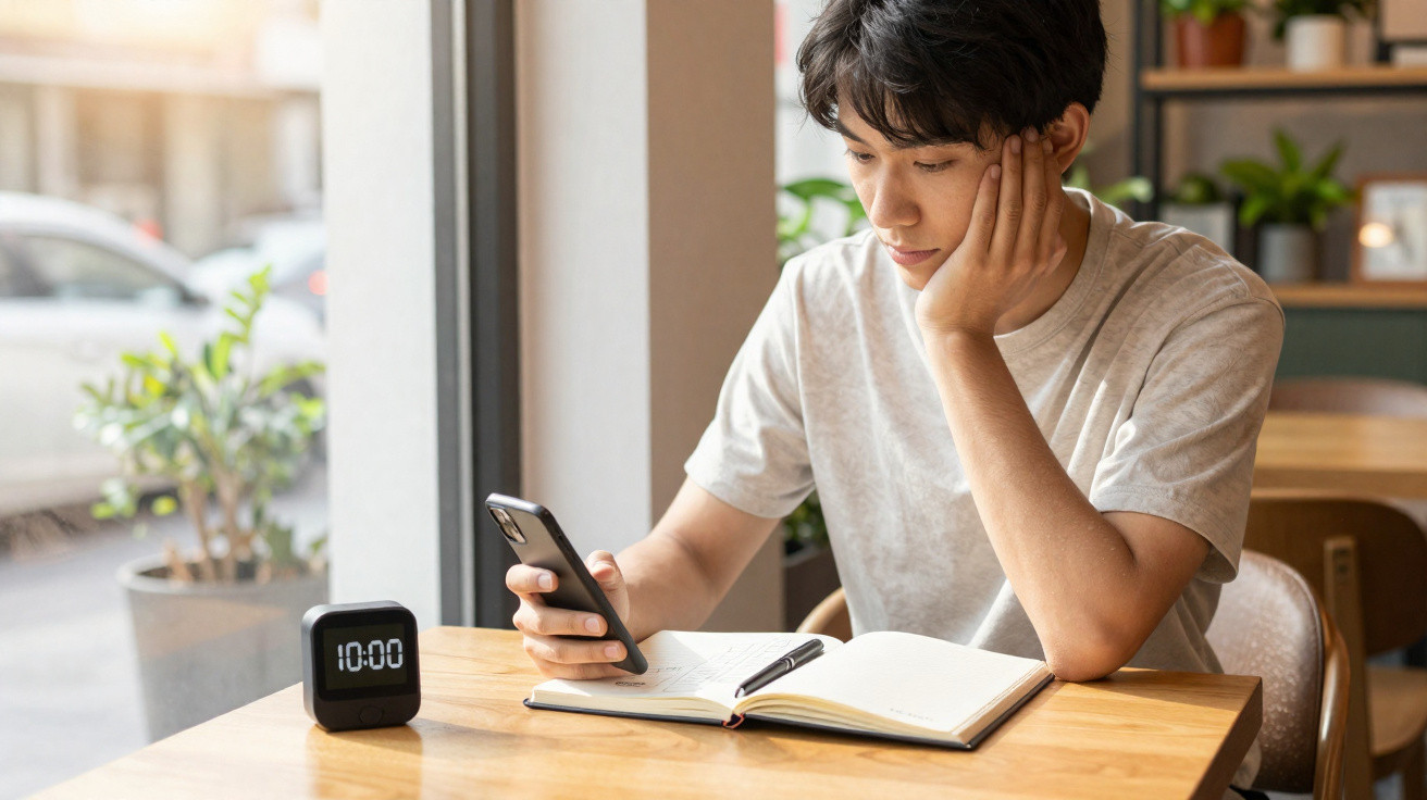 Jovem sentado numa mesa junto a uma janela, olhando para o telemóvel com caderno e relógio digitais à sua frente.