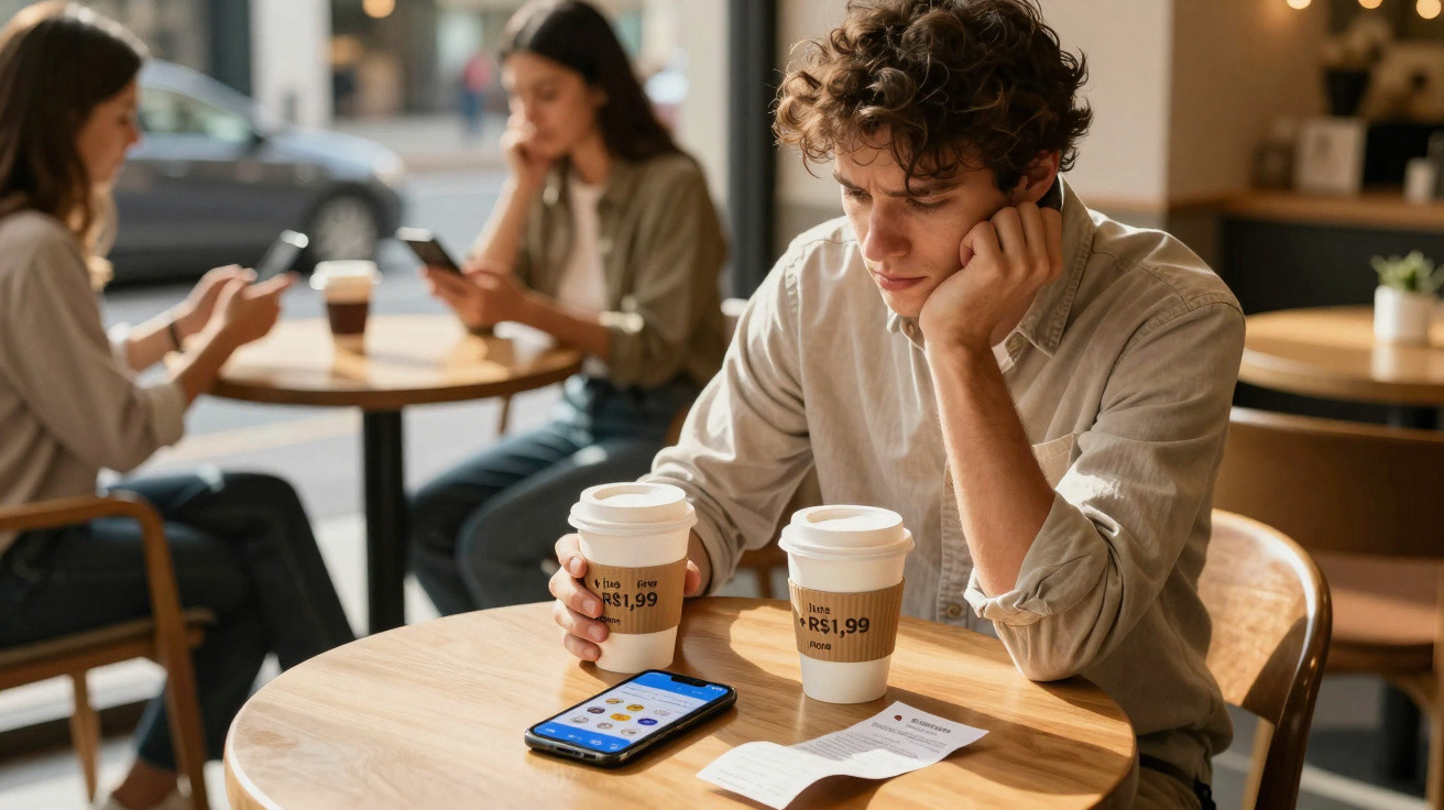 Jovem com expressão pensativa segura um café num café, olhando para o telemóvel na mesa.