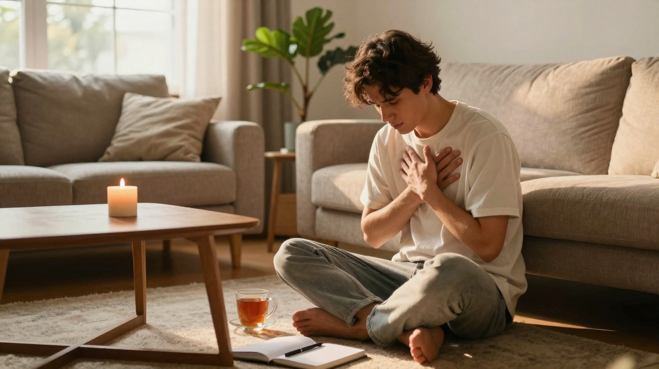 Jovem sentado no chão da sala com as mãos no peito, parecendo sentir dor, ao lado de chá e caderno.