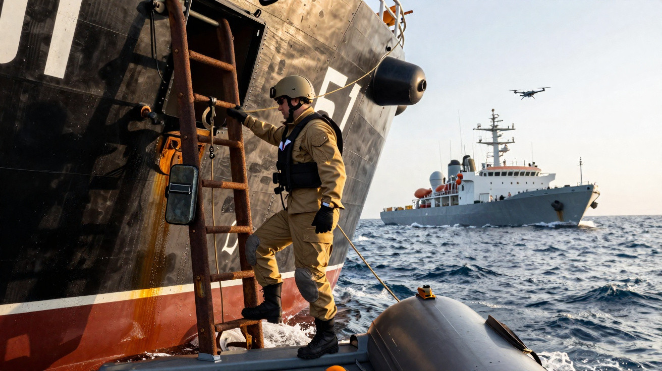 Soldado equipado sobe escada lateral de navio militar no mar, com outro navio e drone ao fundo.