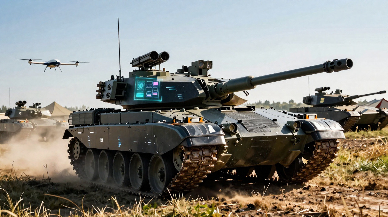 Tanque militar moderno em terreno aberto com drone a voar ao fundo, sob céu limpo.