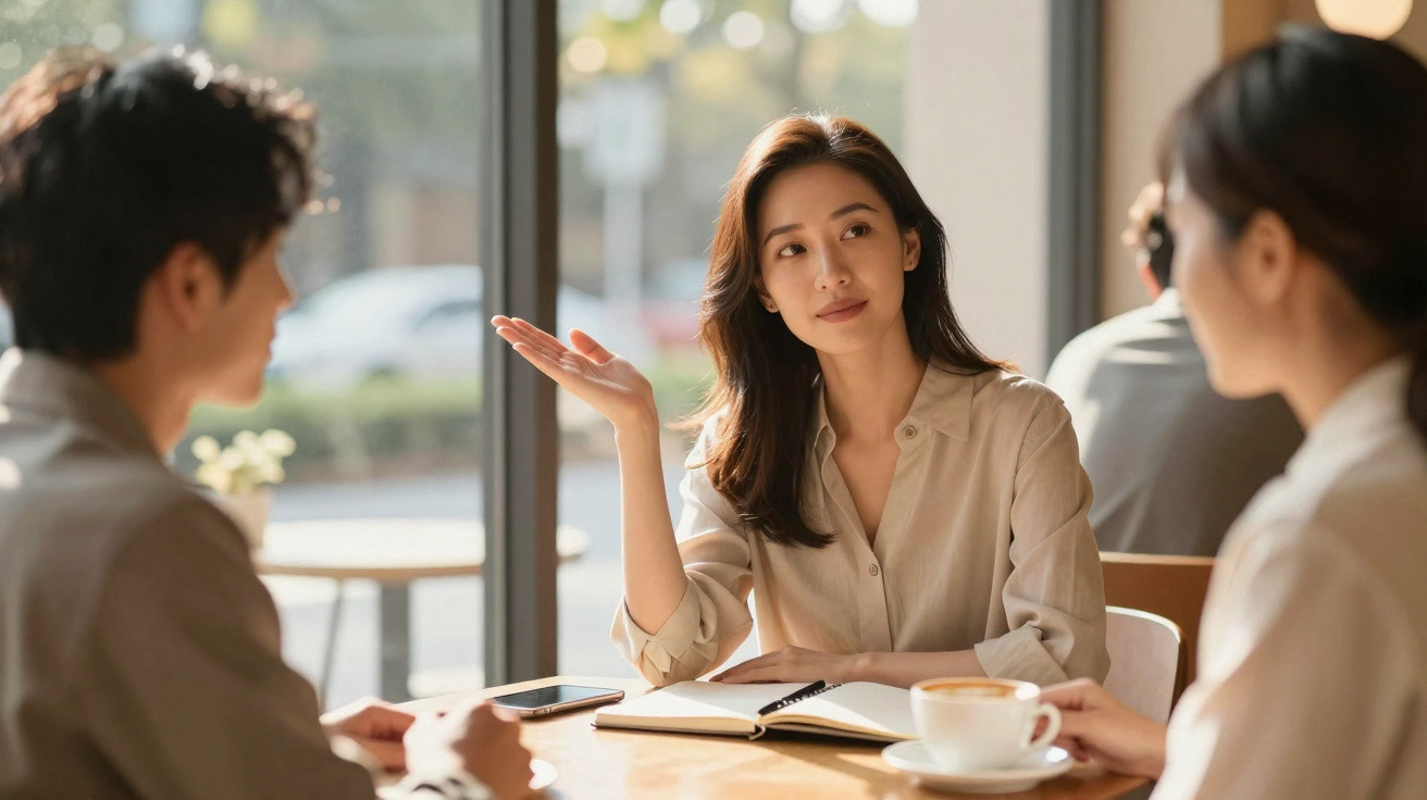 Três pessoas sentadas à mesa, conversando num ambiente iluminado com caderno e chá entre elas.