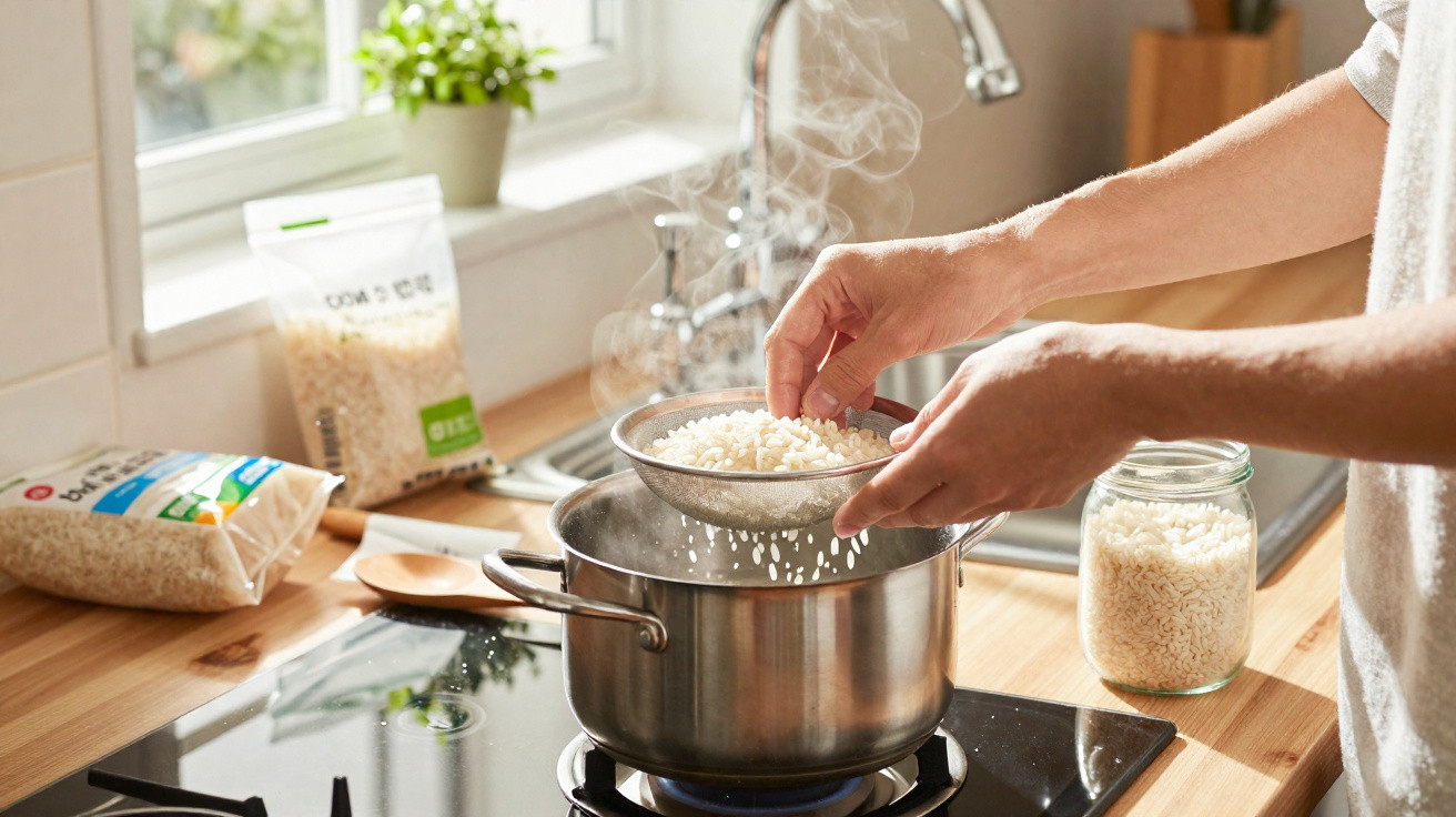 Mãos a coar arroz branco com vapor a subir do tacho num fogão na cozinha iluminada por luz natural.