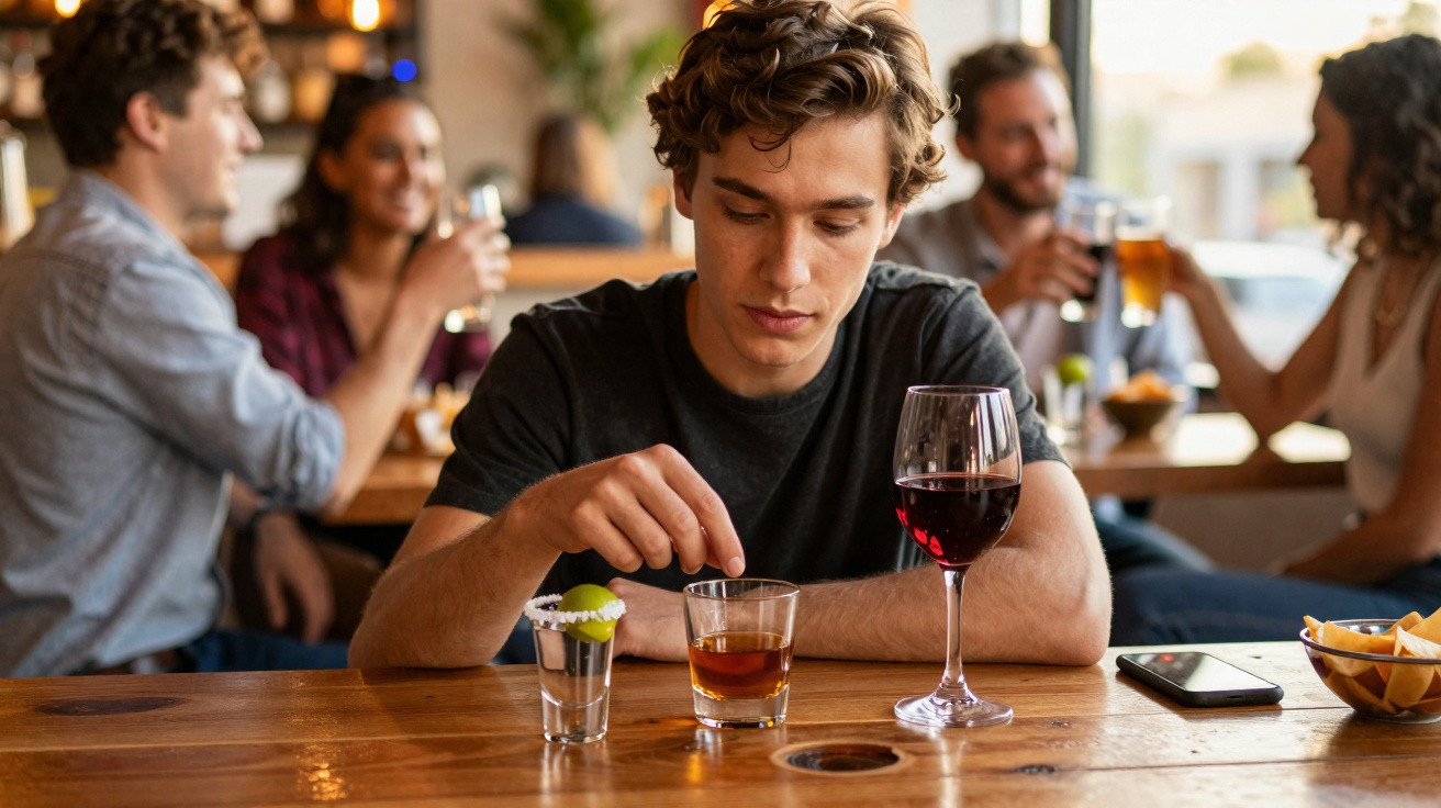 Jovem sentado sozinho num bar com três copos à sua frente e grupo de pessoas ao fundo a socializar.