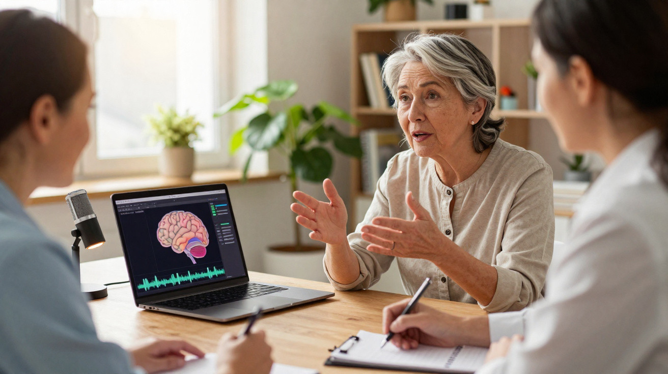 Idosa a explicar sintomas a duas médicas durante consulta com gráfico cerebral no computador portátil.