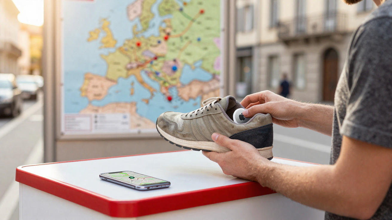 Pessoa a colocar dispositivo rastreador num ténis cinza junto a mapa de Europa e smartphone com aplicação de localização.