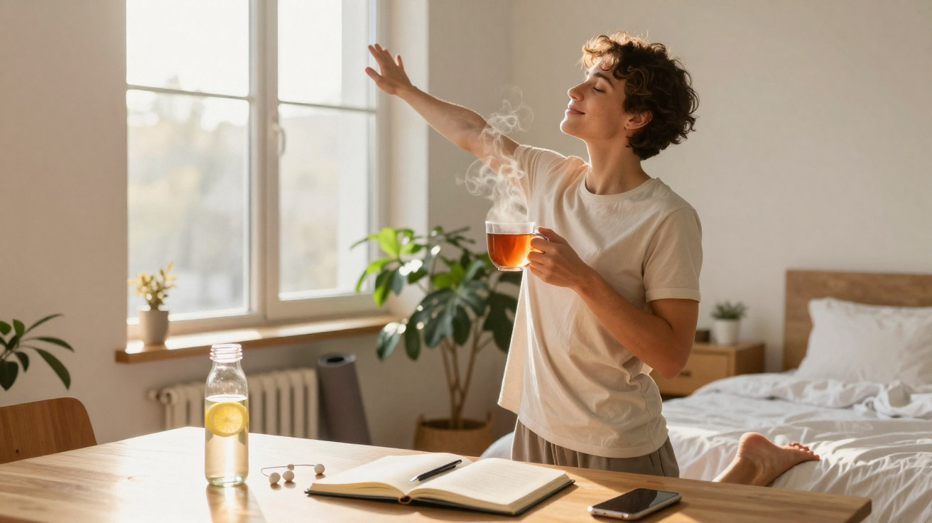 Pessoa relaxada a beber chá quente perto de uma janela, em quarto com plantas e mesa de madeira.