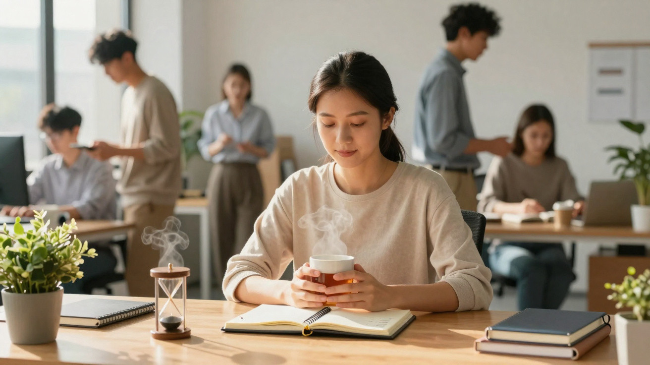 Mulher sentada numa mesa de escritório com chá e caderno, colegas a trabalhar ao fundo num ambiente de escritório.