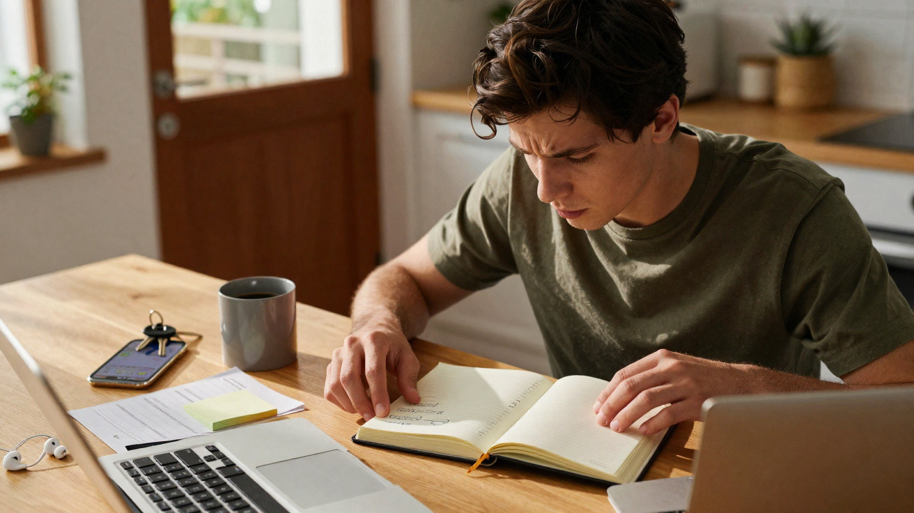 Homem jovem sentado à mesa a ler e apontar num caderno, com computador, telemóvel e caneca à frente.