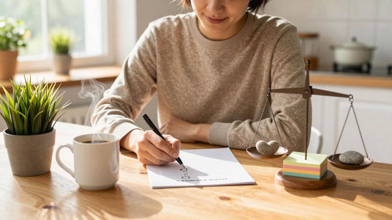 Pessoa a escrever num caderno sentada à mesa com chá quente, plantas e balança decorativa em madeira.