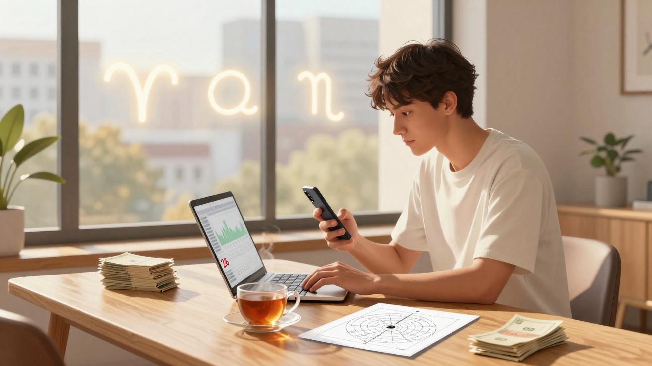 Jovem sentado numa mesa com laptop, telemóvel, gráficos, dinheiro e chá, a trabalhar num ambiente claro.