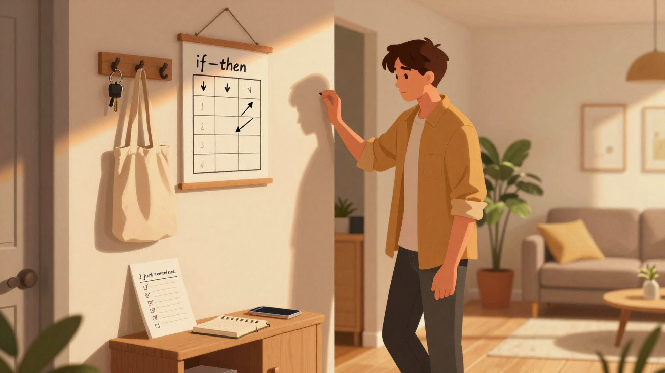 Homem a olhar para uma tabela "if-then" numa parede, numa sala iluminada e decorada com plantas e sofá.