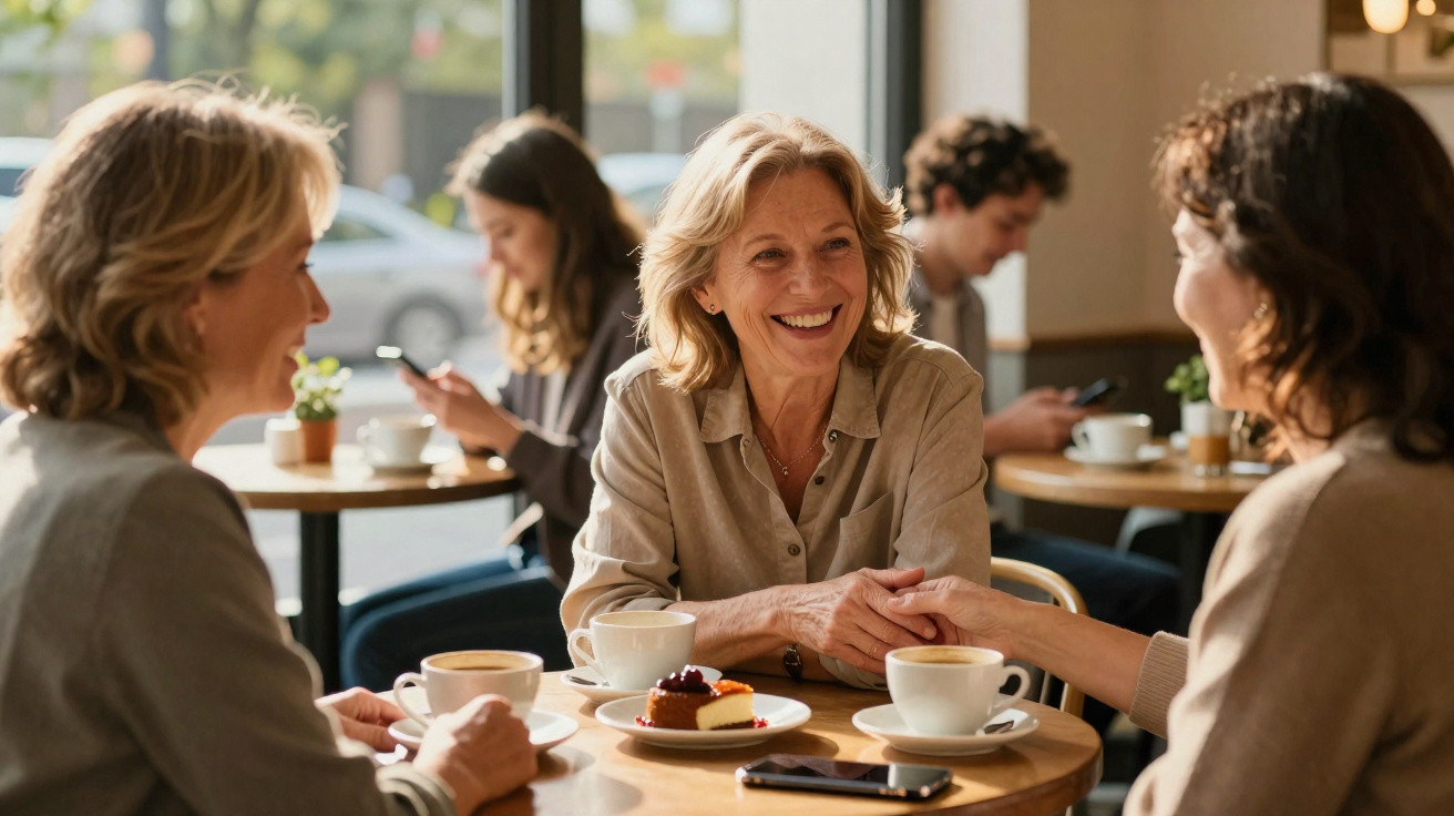 Três mulheres sorridentes sentadas à mesa num café, a conversar e tomar café.