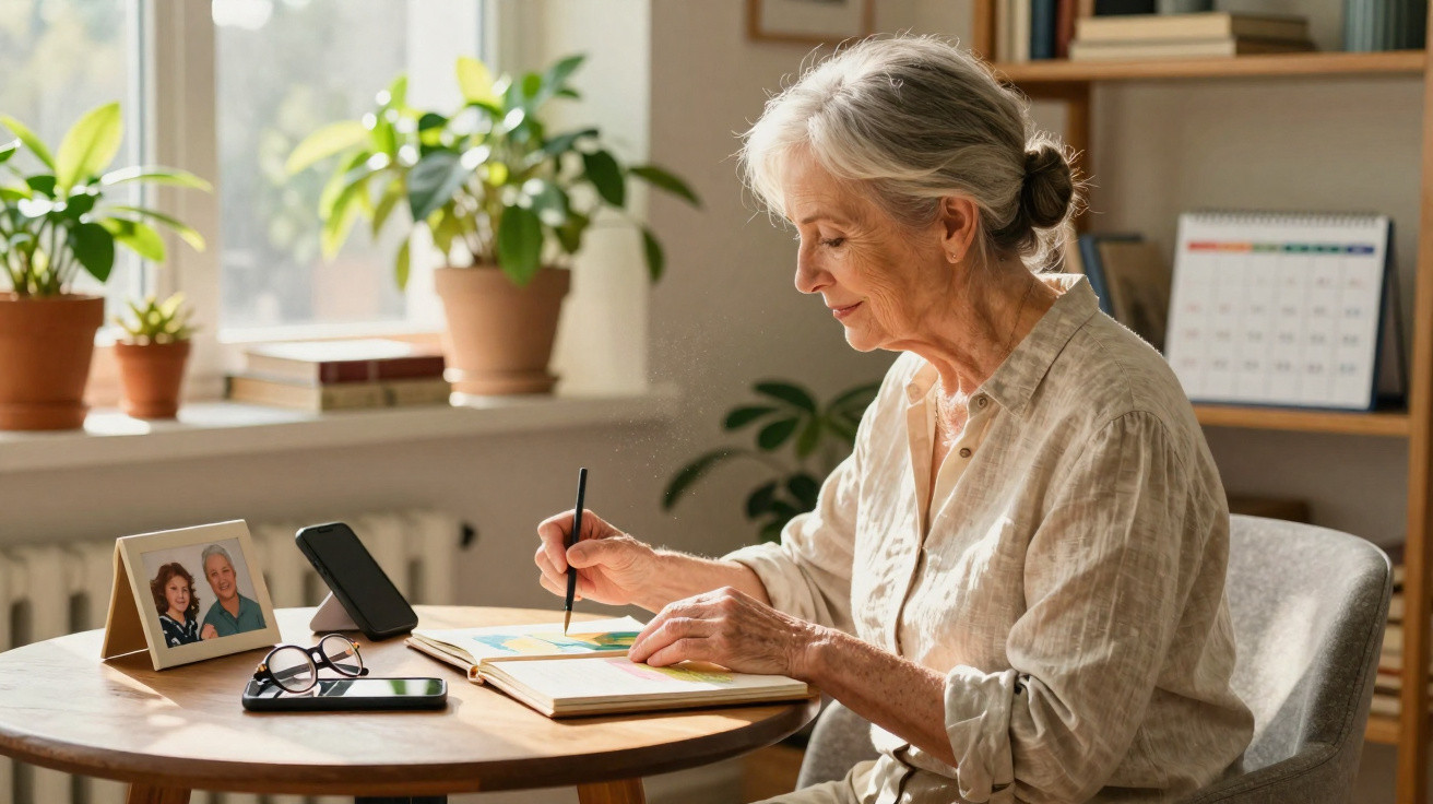 Idosa sentada à mesa cerca de janela, escrevendo num caderno, com plantas e fotos familiares ao fundo.