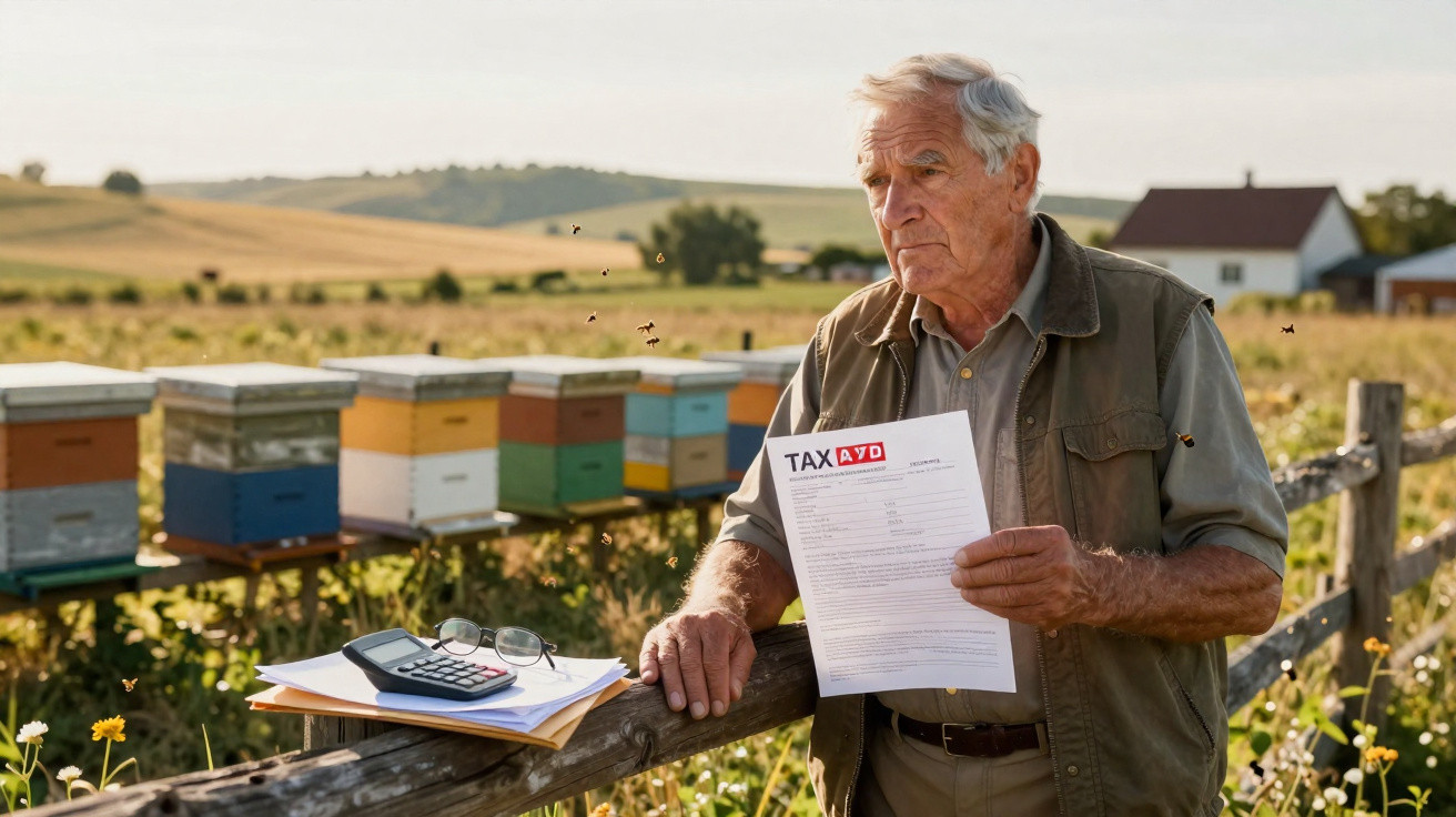 Idoso junto a colmeias num campo, segurando documento enquanto calcula com calculadora em papelada.