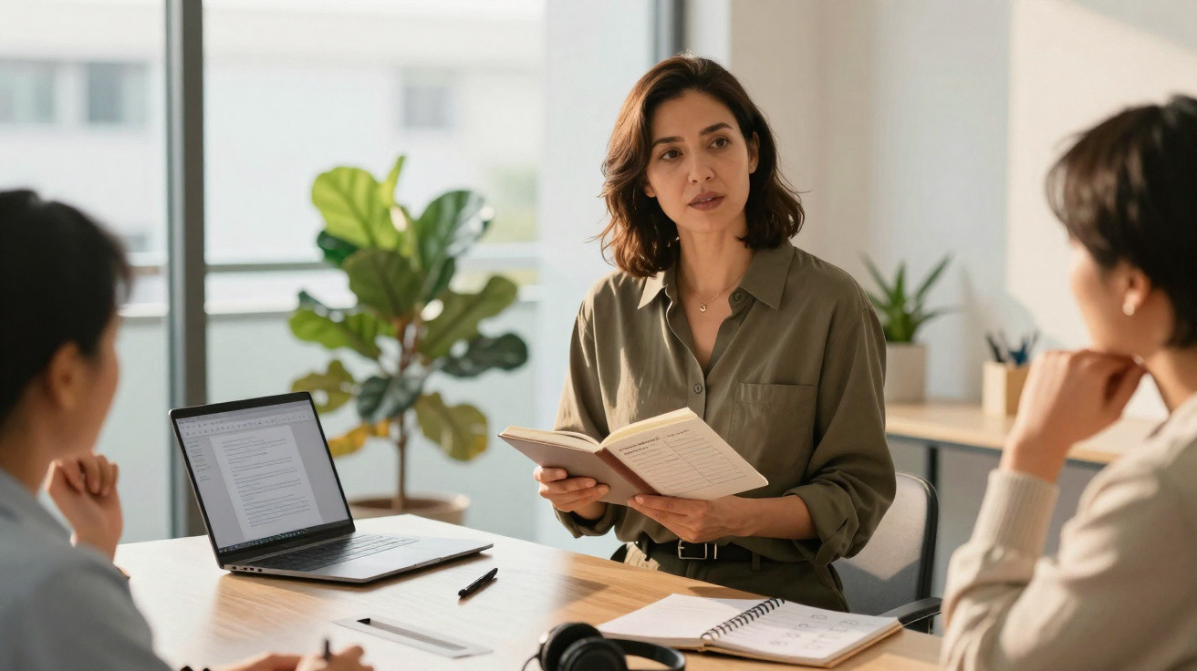Três pessoas em reunião de trabalho, com mulher a ler em voz alta, notebook e cadernos na mesa.