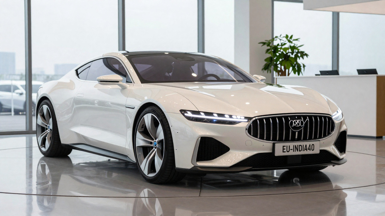 Carro desportivo branco estacionado no interior de um showroom moderno com grandes janelas.