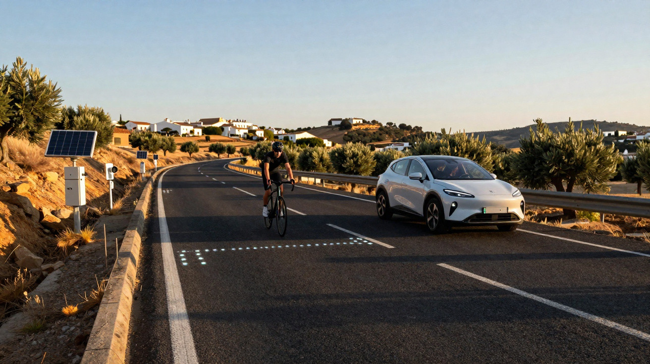 Carro branco elétrico ultrapassa ciclista numa estrada rural com painéis solares e casas ao fundo.
