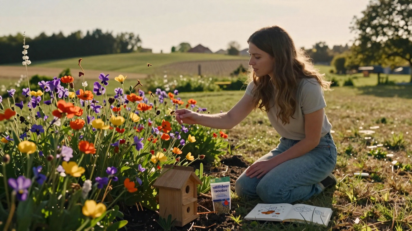 Mulher jovem debruçada a cuidar de flores coloridas num jardim rural ao fim da tarde.
