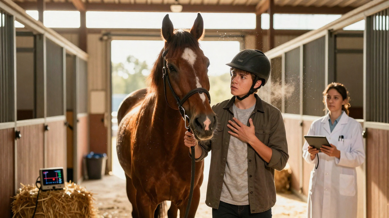 Jovem com capacete segura cavalo num estábulo enquanto veterinária observa com tablet na mão.