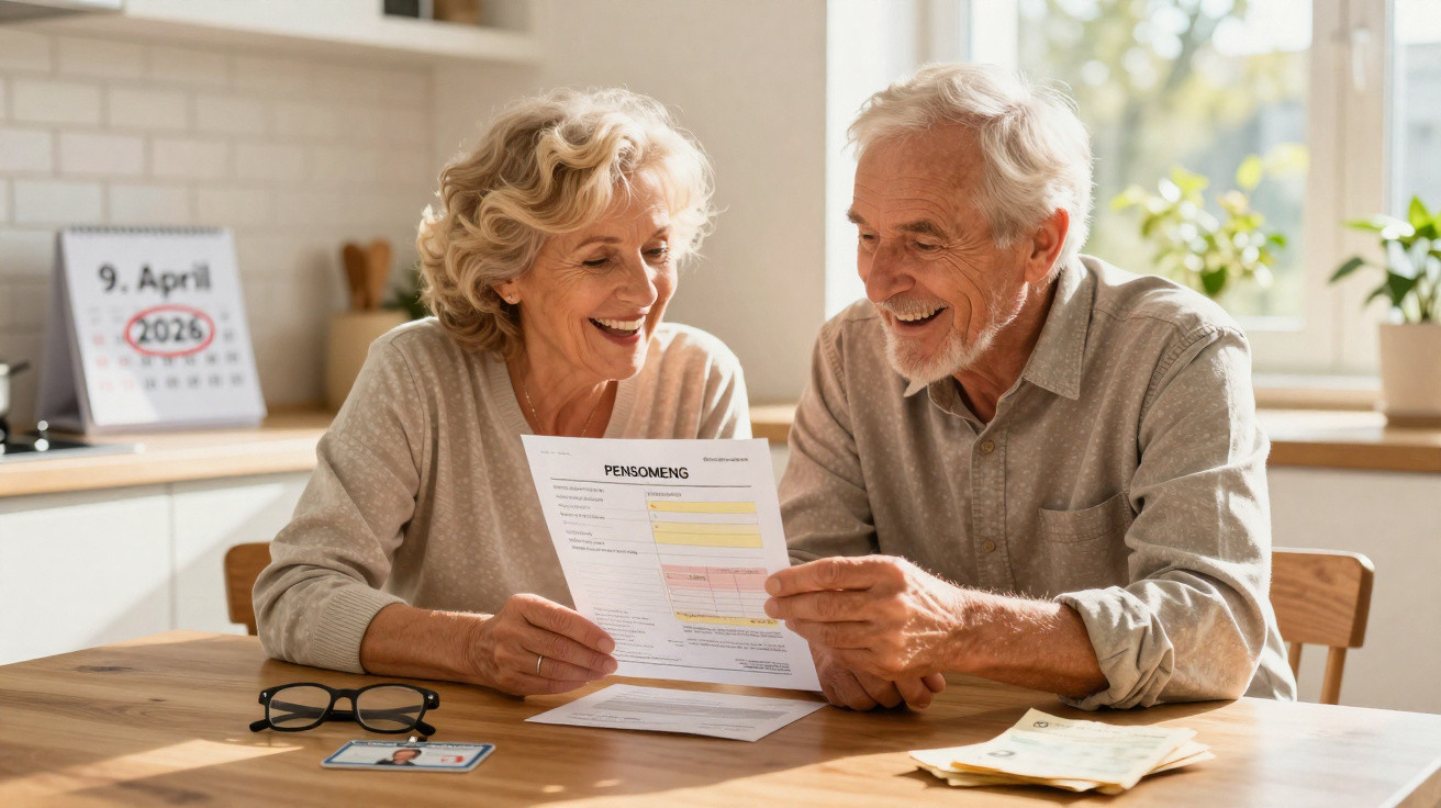 Casal sénior sorridente a analisar documento de pensão numa cozinha luminosa com calendário ao fundo.