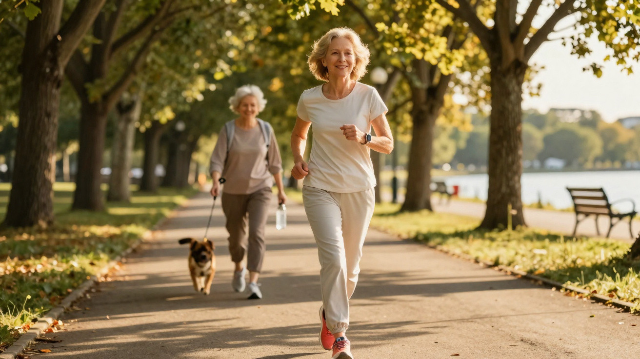 Duas mulheres idosas a passear e correr num parque sombreado, junto a um lago, com um cão.